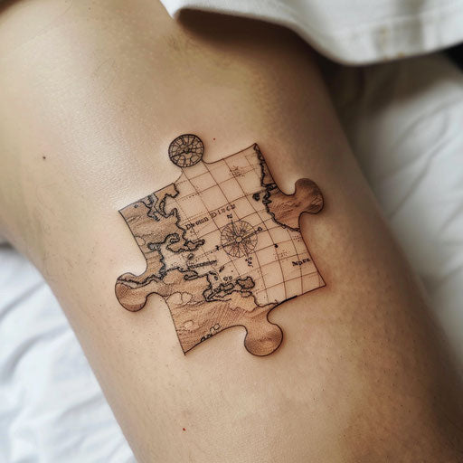 Vintage puzzle piece tattoo with treasure map design