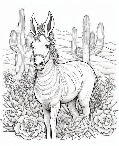 Donkey and cactus coloring pages, comic art style, playful cartoons