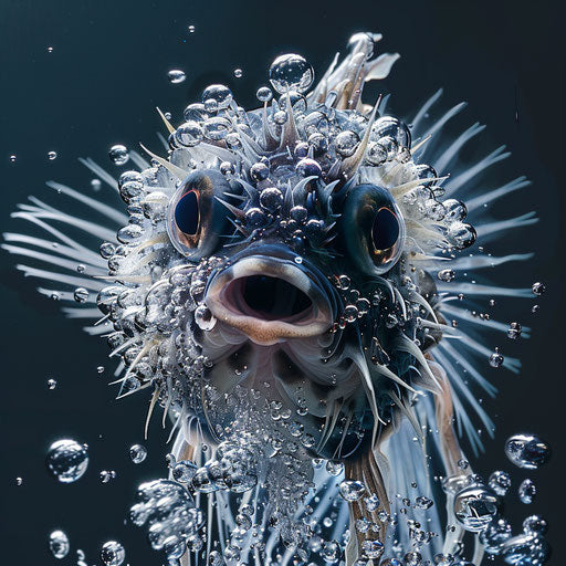 Puffer fish in motion with bubbles, Marsel van Oosten style