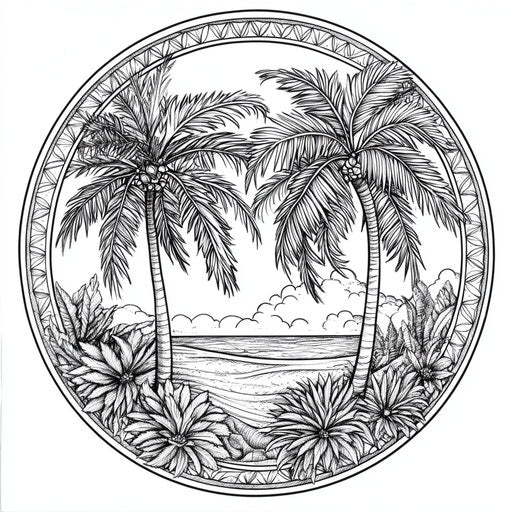 Detailed mandala with palm trees in the style of Andy Marlette