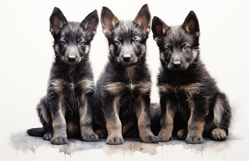 Four German shepherd puppies in front of a white background