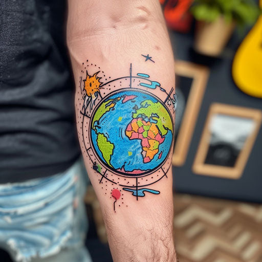 Earth in tattoo pop art style with bright colors