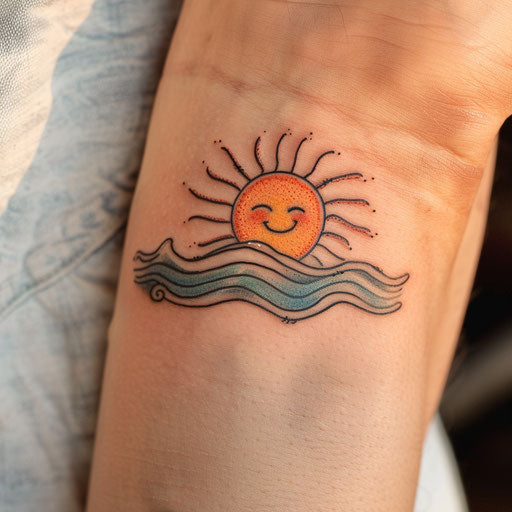 Cartoonish sunset tattoo with smiling sun setting on white background