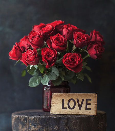 Red roses bouquet in burgundy jar with wooden sign 'LOVE'