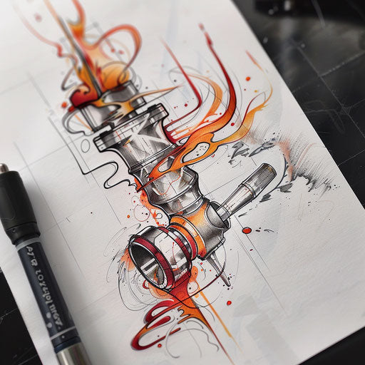 Vibrant flat tattoo sketch of a piston in motion with a burst of flames and energy waves