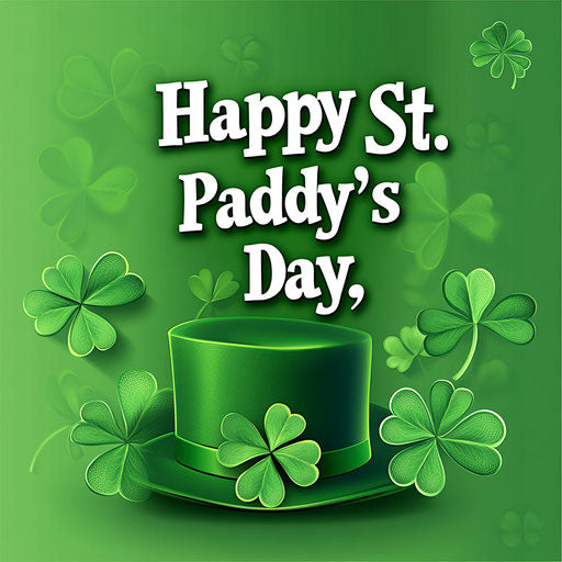 St. Patrick's Day-themed vector design with the text 'Happy St. Paddy's Day,' shamrocks, a hat, and clover leaves isolated on a green background.
