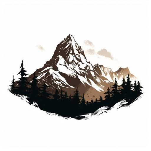 Mountain silhouette in the style of Chiaroscuro Art, on white background