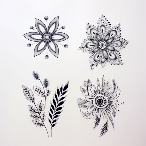 Illustrations of henna flowers with leaves, pointillist style