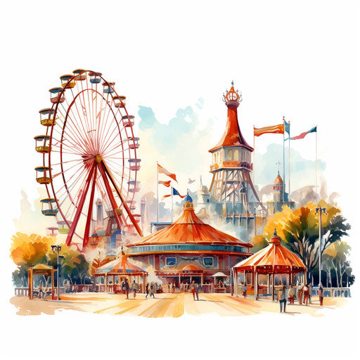 Amusement park in Oil painting style, on white background