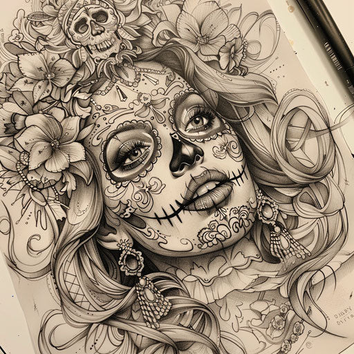 Tattoo sketch of a Chicano art La Catrina with intricate details, shaded with dark tones