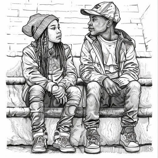 Realistic best friends with detailed textures, in the style of Stephen Wiltshire, Coloring book page