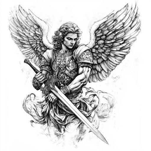 Religious tattoo sketch for men with angel holding sword in gray on white