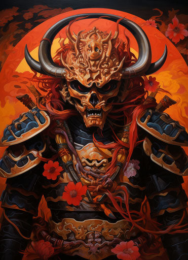 Samurai in armor holding two swords, dark red and orange style