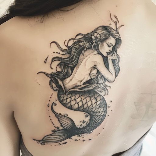 Mythical siren mermaid tattoo, capturing the allure and danger of a siren in detailed artwork on white background.