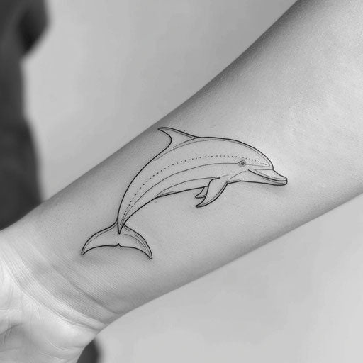 Minimalist black line dolphin tattoo on pure white background