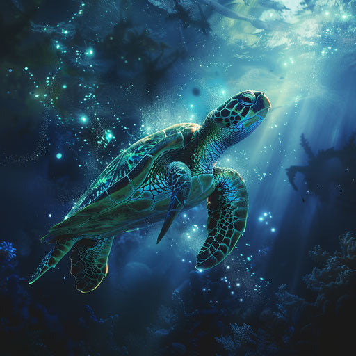 Green sea turtle swims among bioluminescent organisms