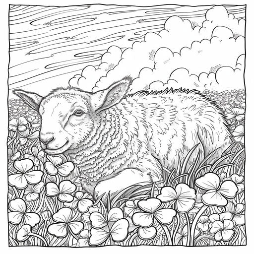 A peaceful scene of a lamb lying in a field of clover. Coloring book page
