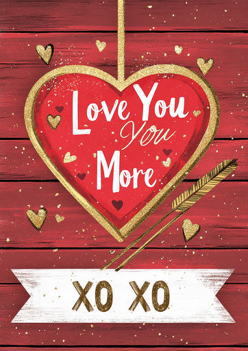 Love and arrow on red background with hearts and glitter