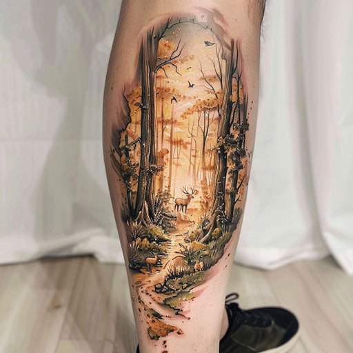 Watercolor tattoo of forest landscape with animals