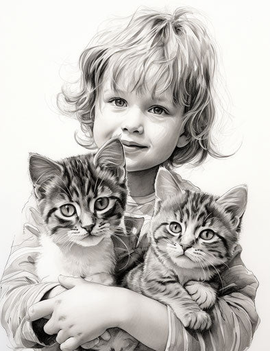 Coloring pages with children, in the style of ink-washed