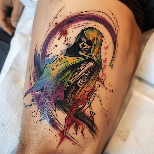 Expressionist reaper tattoo with bold colors