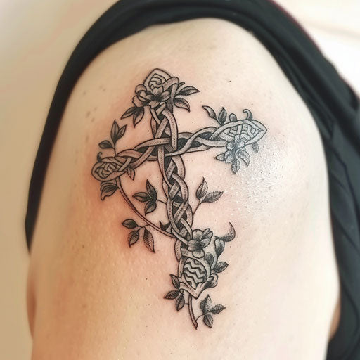 Nature-inspired Celtic cross tattoo
