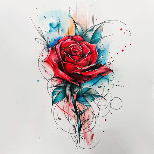 Surreal tattoo sketch of a red rose with dream-like elements and pastel tones