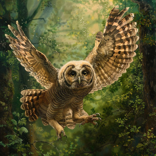 Learning to Fly: Young Northern Spotted Owl in Green Forest