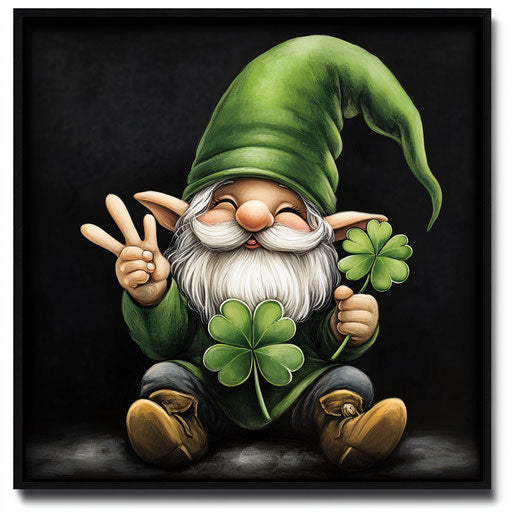 Cute gnome with clover and peace sign on canvas