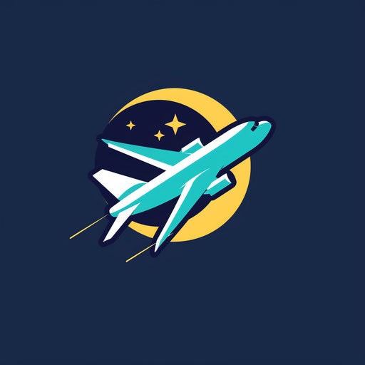 Bold travel logo with a stylized airplane on dark blue background