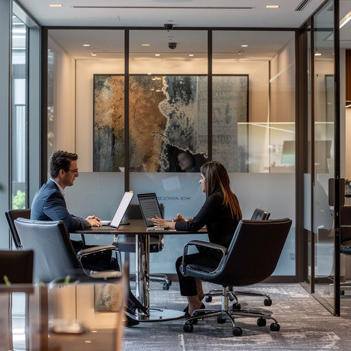 Financial advisor discussing investment plans with a client in a sleek meeting room