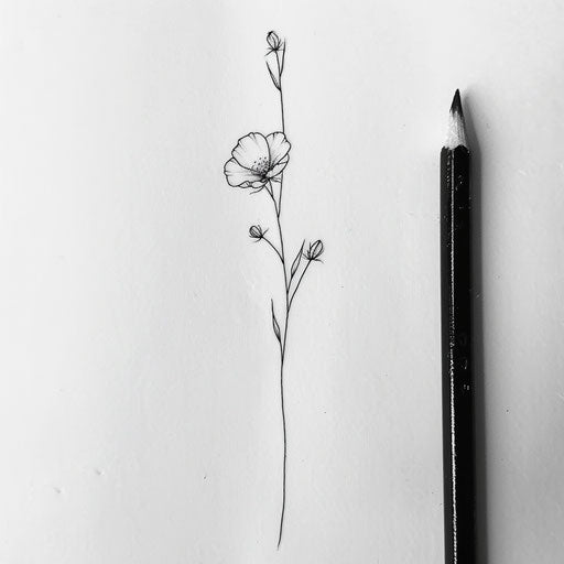 Minimalist wildflower tattoo, single stem, black ink, fine line art