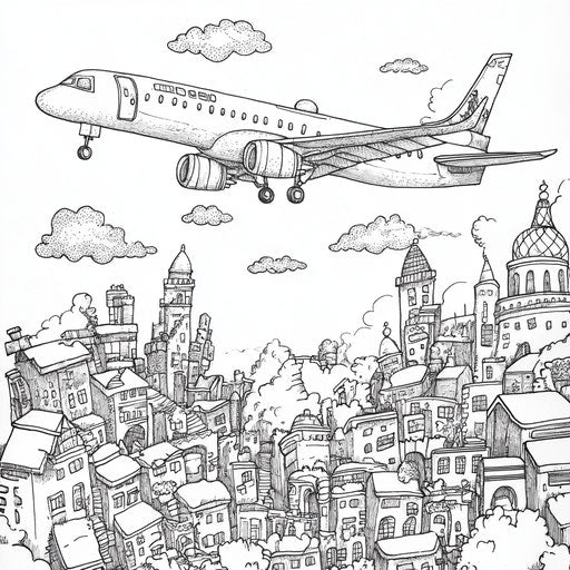 A jet flying over a whimsical and cartoonish city