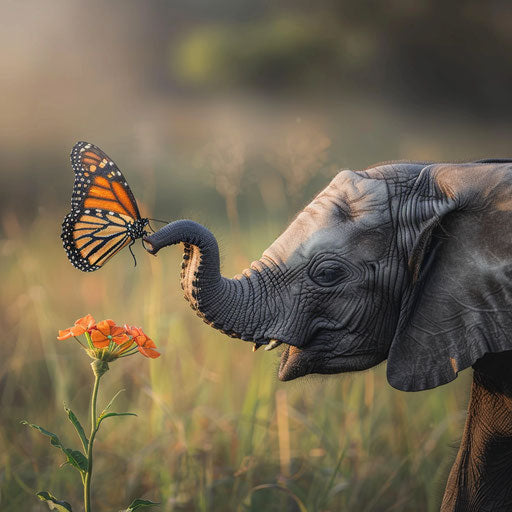 A touching moment between an elephant and a butterfly