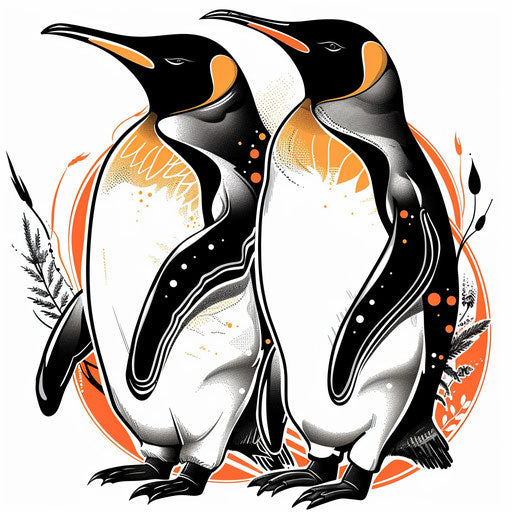 Tattoo sketches of playful king and queen penguins