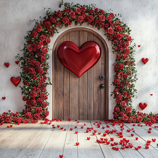 Valentine's Day backdrop with a red heart-shaped arch and flowers