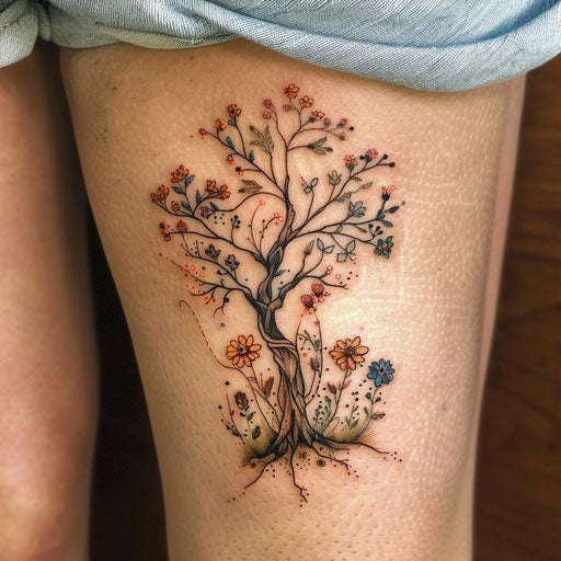 Wildflower tattoo with tree, earthy tones, detailed trunk, grounding design
