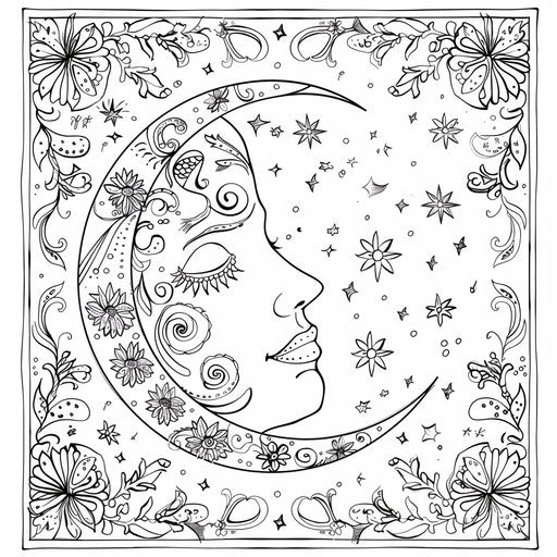 Whimsical moon with floral patterns Coloring book page