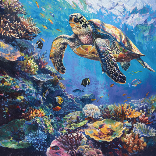Turtle navigating vibrant coral reefs, colorful fish swim clear blue ocean