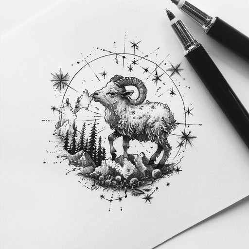 Sketch of Aries constellation tattoo with playful characters and dreamy landscapes