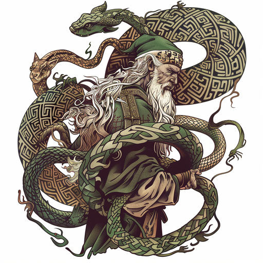 Tattoo illustration of St. Patrick driving snakes out of Ireland