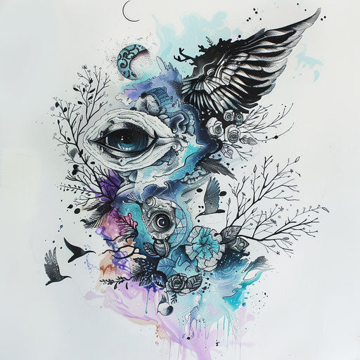 Surrealist tattoo sketch for 666 with dream-like imagery