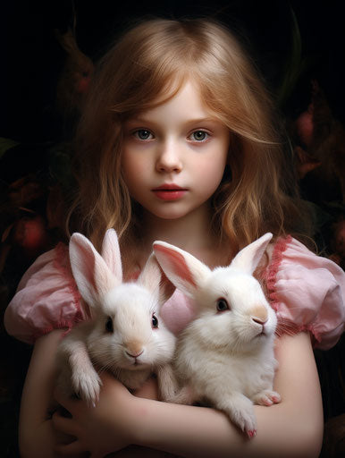 Little girl holding bunnies, animated GIF style, light amber and pink