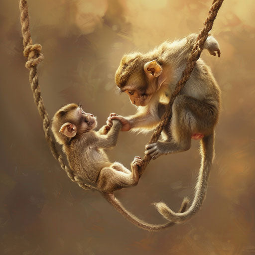 Heartwarming scene of a monkey teaching to climb and swing