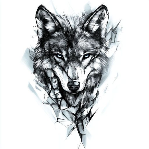 Flat hand tattoo sketch of beautiful wolf with abstract design