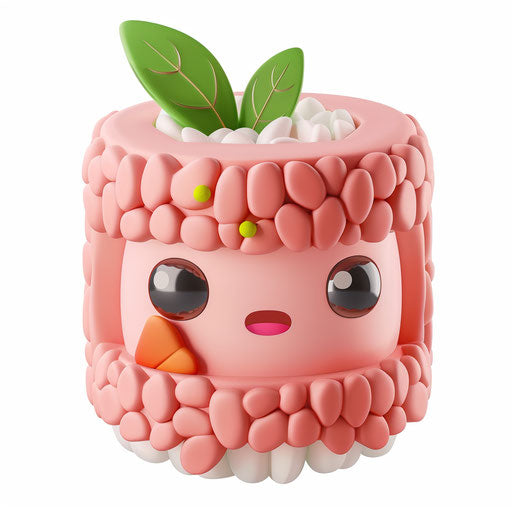 Pink sushi roll icon, white background, green leaf decoration