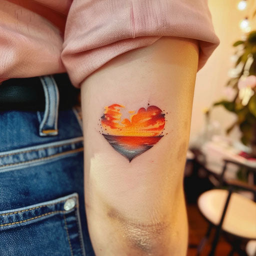 Sunset tattoo with heart silhouette in orange and red sky on white background