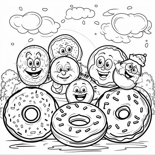 Cartoon donut family with expressions in a playful scene