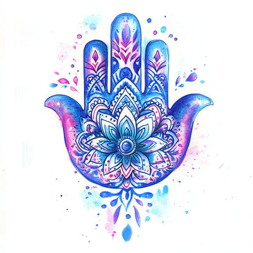 Vibrant blue-purple ombre hamsa hand tattoo sketch