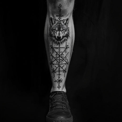 Shin tattoo with ancient runic symbols and a wolf